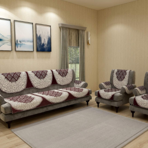 Cotton Fabric Abstract Sofa and Chair Covers Set of 5 Seater with 6 Pieces Arms Covers (Brown, 12 Pieces, Floral)