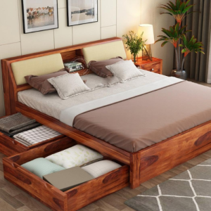 Wood King Size Bed with 4 Drawer Storage, Honey Finish, Solid Wooden Cot Bed, Double Bed Furniture, Elegant & Functional