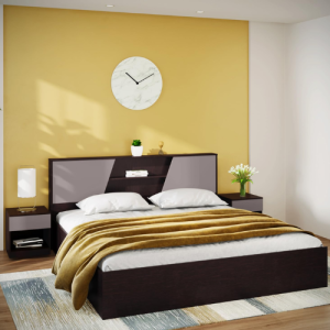 Hannah Queen Size Engineered Wood Bed with Box Storage, 1-Year Warranty, Cola-Rain, Prelaminated Particle Board